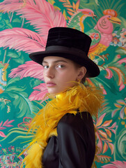 A beautiful, elegant woman wearing a hat and carrying a parrot on her shoulder enjoys expressing herself through her unique sense of fashion.