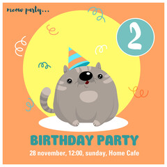Children's invitation card. Invitation to a party. Card with a cute cat. Card with text.