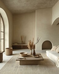 Bone white stucco wall as a minimal backdrop in a slow-living room with warm architectural details Mediterranean Contemporary Elegance Natural White Earth-Tone Living