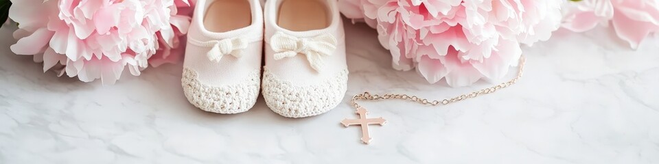 Baby baptism concept, baby girl baptism clothes, dress all in pink tones