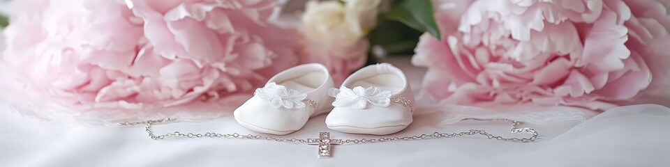 Baby baptism concept, baby girl baptism clothes, dress all in pink tones