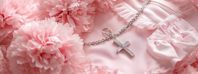 Baby baptism concept, baby girl baptism clothes, dress all in pink tones