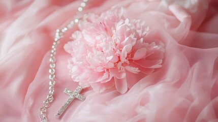 Baby baptism concept, baby girl baptism clothes, dress all in pink tones