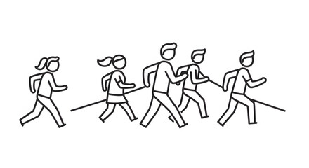 Simple Black Line Drawing of People Walking in a Row in a Minimalist Style