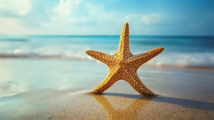 Starfish on sandy beach in clear sea water. Summer background.