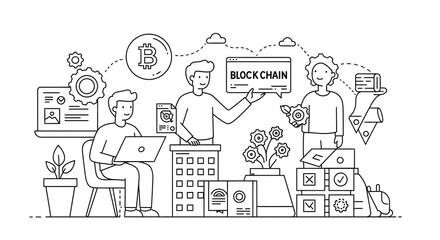 Digital Blockchain Technology Concept Illustration with People Working and Cryptocurrency Symbols