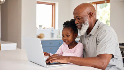 Joyful elderly Black man and young girl are engaged in fun learning experience together at kitchen table, using laptop