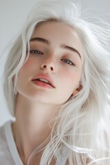 young beautiful model with white hair on a white background.