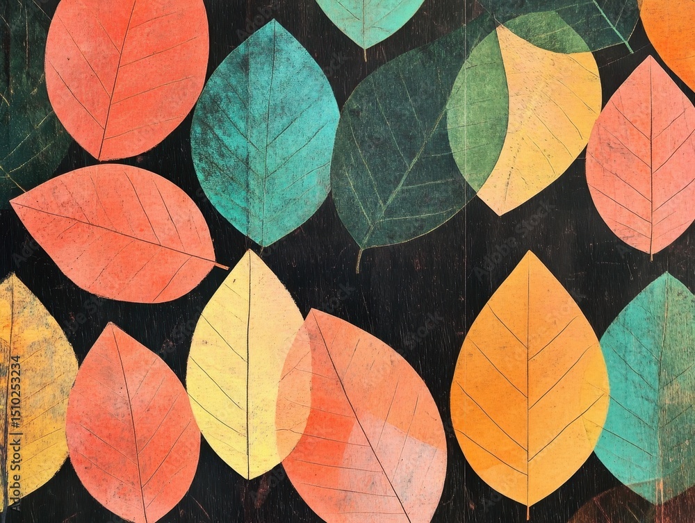 Aufkleber leaf pattern symphony: a harmonious pattern of leaves painted in vibrant hues creating a mesmerizing