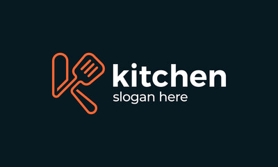 Kitchen logo design. Initial letter K with line style concept vector design with cooking ware symbol graphic icon