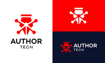 Author tech logo design. Pen concept vector design with technology system connection symbol graphic icon