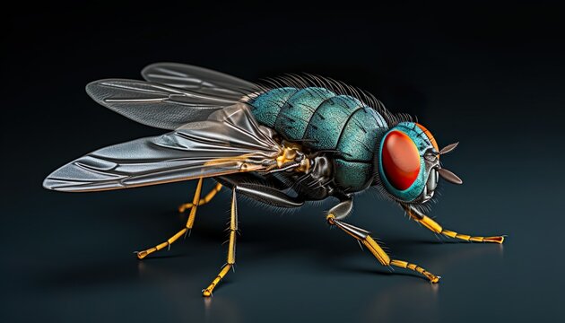  Blue bottle fly with orange-bearded or bottlebee, Calliphora vomitoria, isolated on white, side view
