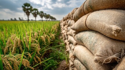 Obraz premium Sacks full of rice stacked on edge of paddy field 