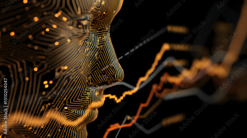 Poster digital intellect: a futuristic view shows a human profile overlaid with intricate circuit patterns 