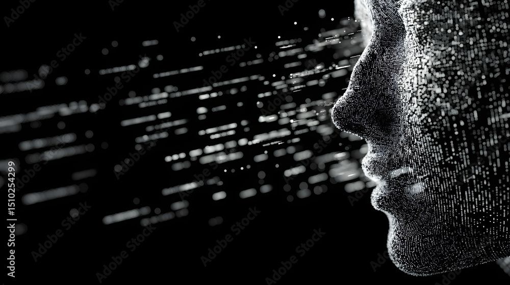 Poster digital portrait: a profile silhouette dissolves into a stream of digital data, representing the int