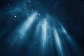 Celestial Beams: Captivating view of light streaks emanating from an endless expanse of a midnight sky, reminiscent of a divine or ethereal ambiance.