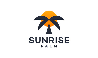Sunrise logo design. Abstract Palm tree concept vector design with sun symbol graphic icon