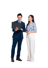 Full body image of woman asian business and manager man using laptop and posing on PNG background	
