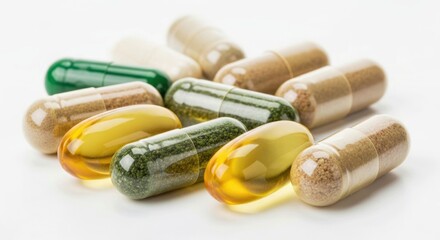 A Collection Of Unlabeled Herb Capsules Containing Nutritional Supplements On A Clean White Background