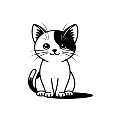 Cute Black and White Cartoon Cat with Eye Patch – Minimalist Line Art Kitten Illustration