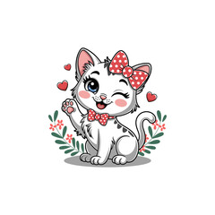 Cute Cartoon Cat Winking with Bow Tie and Hearts - Adorable Valentine Style Illustration
