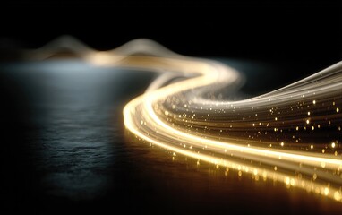 Hyperrealistic Light Art: Dark Background with Gold Wavy Lines, Atmospheric Soft Edges Wide Shot, High-Resolution Octane Render for Digital Promotion and Abstract Design