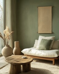 Pistachio whisper wall featured in a morning-lit Japandi lounge with calm green and warm woods Light Retro Japandi Blend Pistachio Pastel Botanical Interiors