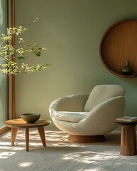 Pistachio whisper wall featured in a morning-lit Japandi lounge with calm green and warm woods Light Retro Japandi Blend Pistachio Pastel Botanical Interiors