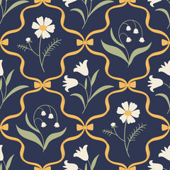 Hand drawn floral seamless pattern with a charming coquette whimsical lattice design. Soft, pastel, and nostalgic, perfect for textiles, wallpaper, wrapping paper, and romantic vintage-inspired decor.