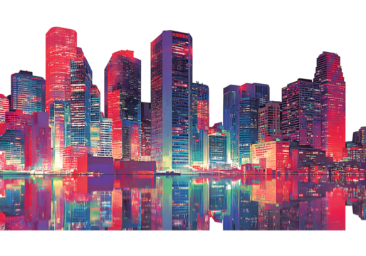 Vibrant cityscape night reflection neon lights skyscrapers, On Transparent Background