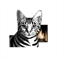 Cozy Black and White Vector Cat Illustration with Fireplace – Hand-Drawn Style Pet Artwork for Home Decor, Posters, and Stickers