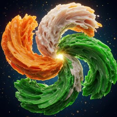Abstract Swirling Indian Flag Colors Design: Vibrant 3D Render of Intertwined Saffron, White, and Green