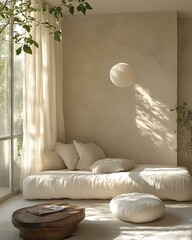 Pistachio whisper wall with open window light, soft shadows, and calming plant arrangements Light Retro Japandi Blend Pistachio Pastel Botanical Interiors