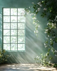 Pistachio whisper wall with open window light, soft shadows, and calming plant arrangements Light Retro Japandi Blend Pistachio Pastel Botanical Interiors