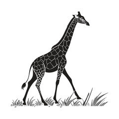A stylized black and white illustration of a giraffe with detailed spot patterns, walking through blades of grass.