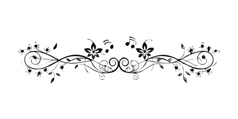 Floral scroll divider with musical notes in black and white design  