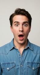 Fototapeta premium Astonished Man Portrait: Close-up of a Young Man with a Shocked Expression in a Denim Shirt