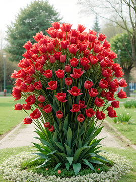Primer plano de ramo de tulipanes rojos en parque, con fondo verde