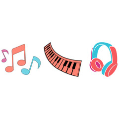 Musical Icons – Notes, Keyboard, and Headphones Vector Illustration
