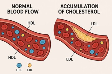 Medical illustration showing normal blood flow versus cholesterol accumulation in arteries with HDL and LDL