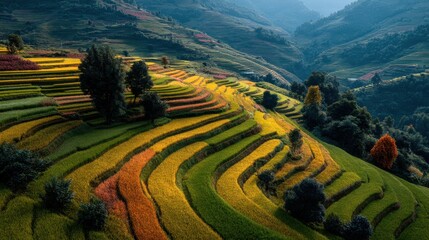 General view of terraced farm land in harvest season 