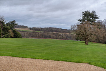 Manicured lawns near a gravel pathway leading the eye towards a solitary tree standing prominently on the right, bare winter branches contrasting with the lush grass, at Luton Hoo, Bedfordshire, UK