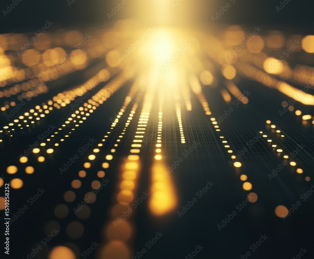 Poster data stream's bright ascent: an abstract visual of a data stream, illuminated with a golden glow, as