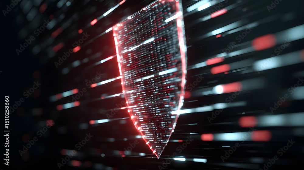 Poster digital shield: a vibrant digital shield glows brightly against a backdrop of flowing data, symboliz