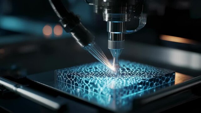Automated precision machinery uses uv light to solidify a hydrogel substance, creating a form fitting medical dressing in a controlled laboratory environment