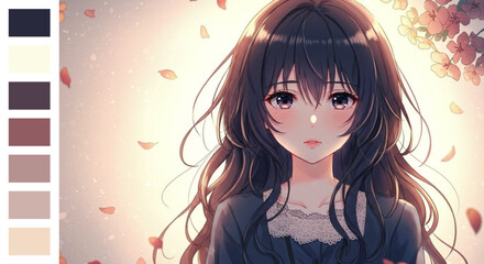 Anime Girl with Long Brown Hair, Soft Expression, and Falling Petals