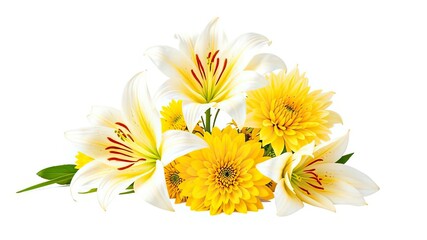 Elegant White and Yellow Lilies with Dahlias, Isolated Floral Arrangement