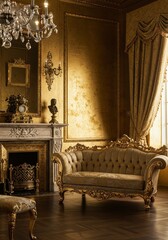 Elegant Gold Room Interior with Ornate Sofa - Luxurious gold interior design featuring an ornate sofa, fireplace, and elegant decor. Perfect for luxury, home decor, and interior design