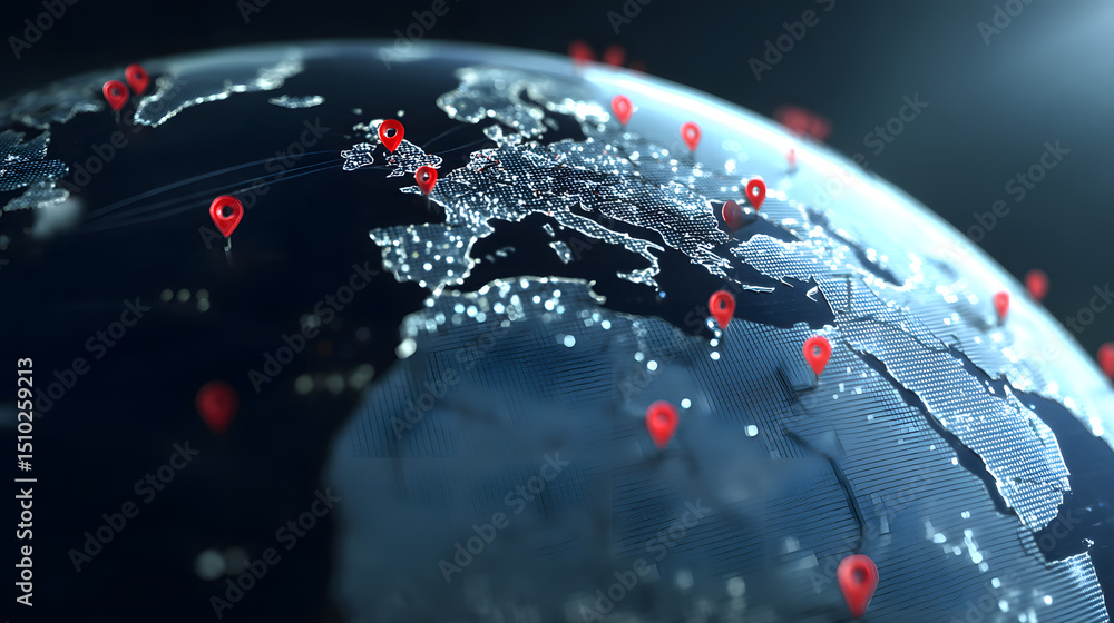 Poster global network: illuminated globe with digital red location pins symbolizing global connections and 