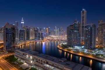Obraz premium Dramatic cityscape displays illuminated skyscrapers reflected in a waterway at night under a deep
